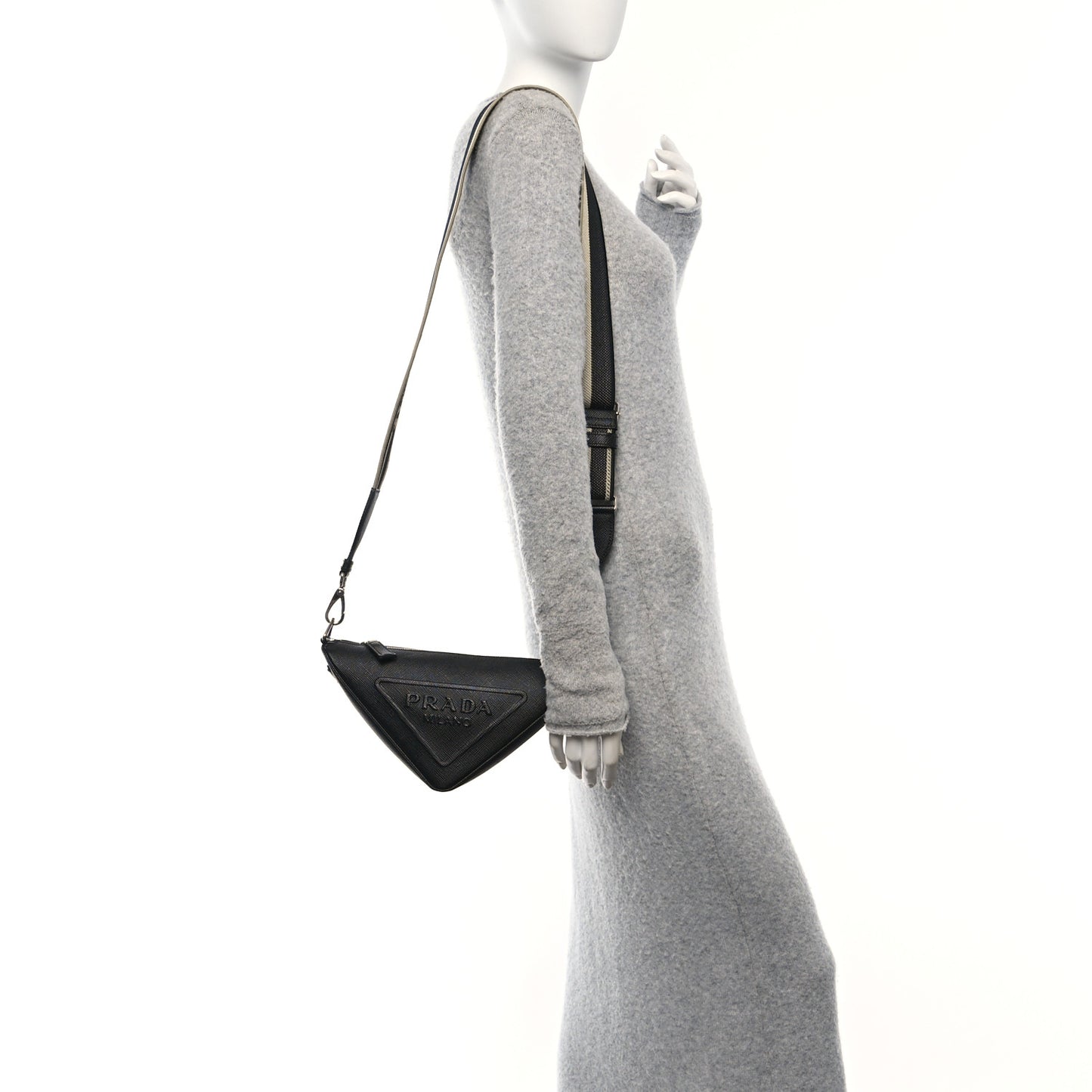 Saffiano Cuir Triangle Logo Embossed Triangle Shoulder Bag Black