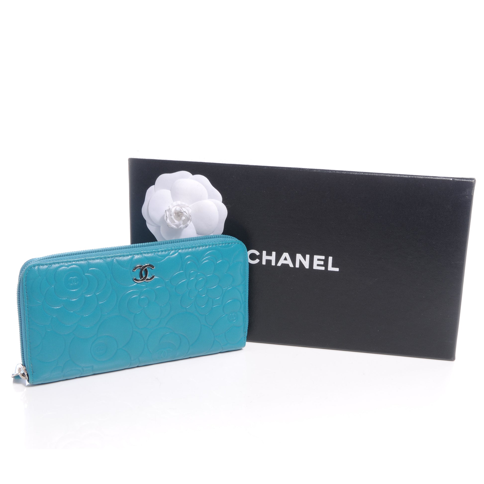 Chanel Lambskin Camellia Embossed Large Zip Wallet Turquoise 5 of 9