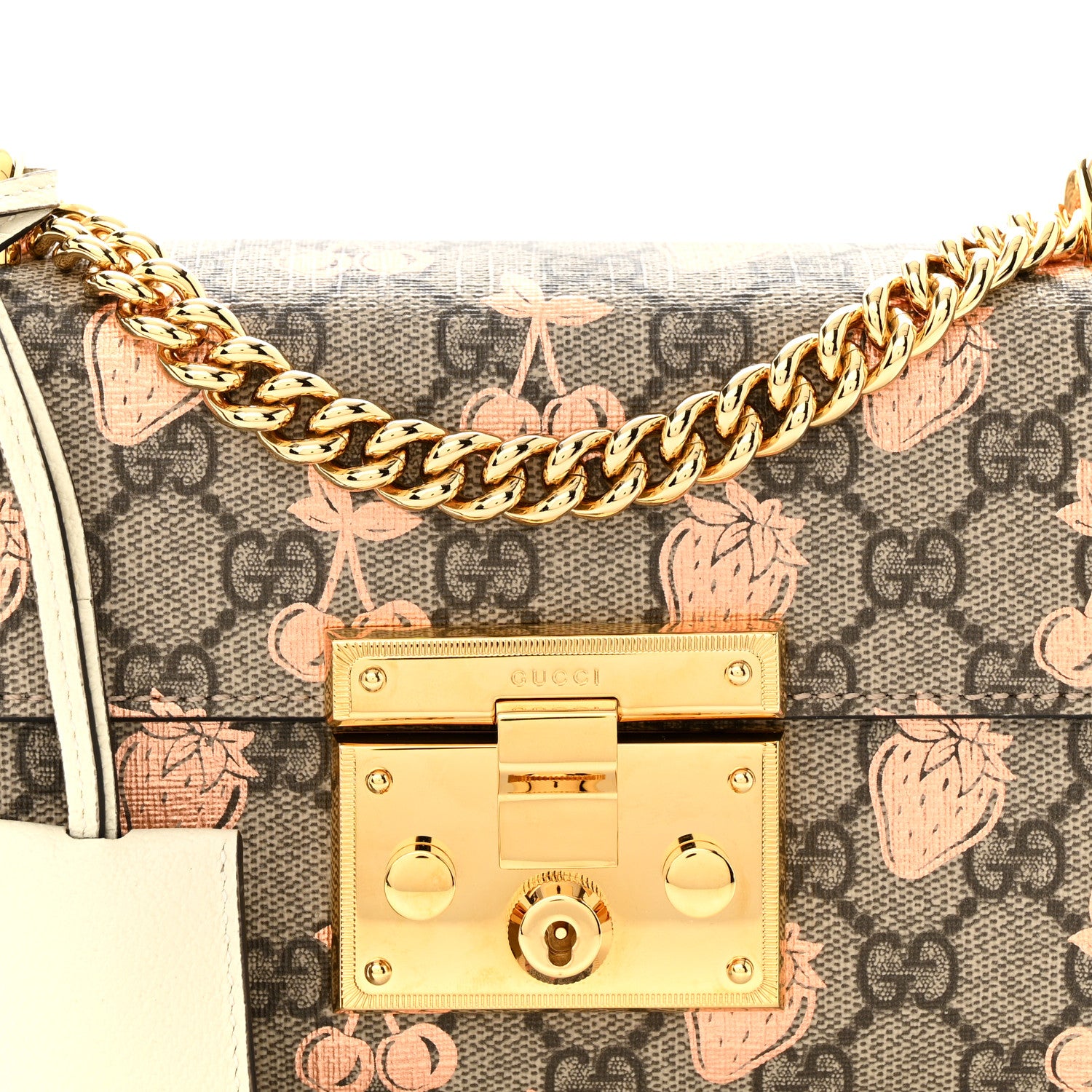 Gucci GG Supreme Monogram Berry Textured Dollar Calfskin Small Padlock Shoulder Bag Beige Ebony Light Copper Mystic White 8 of 10