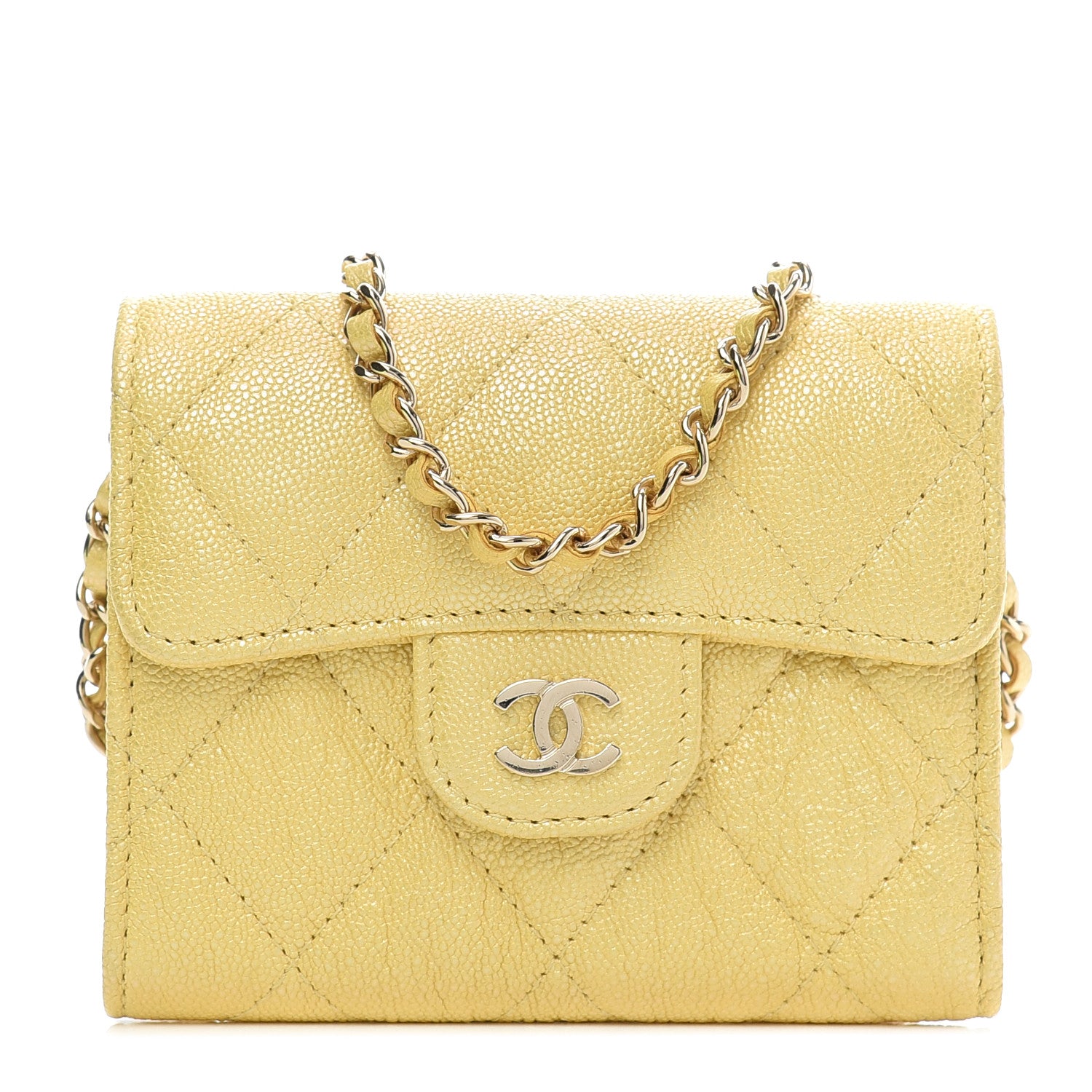Chanel Iridescent Caviar Quilted Flap Card Holder On Chain Yellow 1 of 9