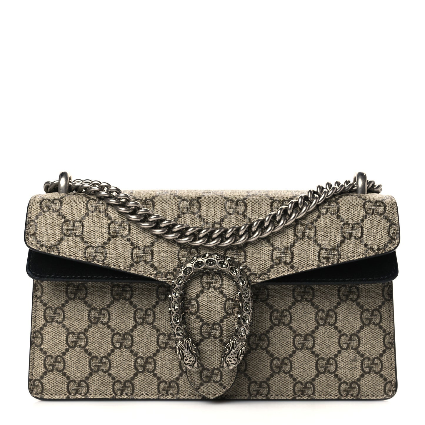 GG Supreme Monogram Suede Crystal Small Dionysus Shoulder Bag Beige Ebony Black