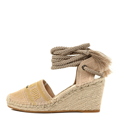 Christian Dior Canvas Embroidered Granville Ankle Tie Espadrille Wedges 37 Cream 2 of 22