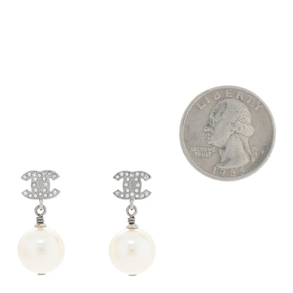 Chanel Crystal Pearl CC Drop Earrings Silver Pearly White 2 of 4