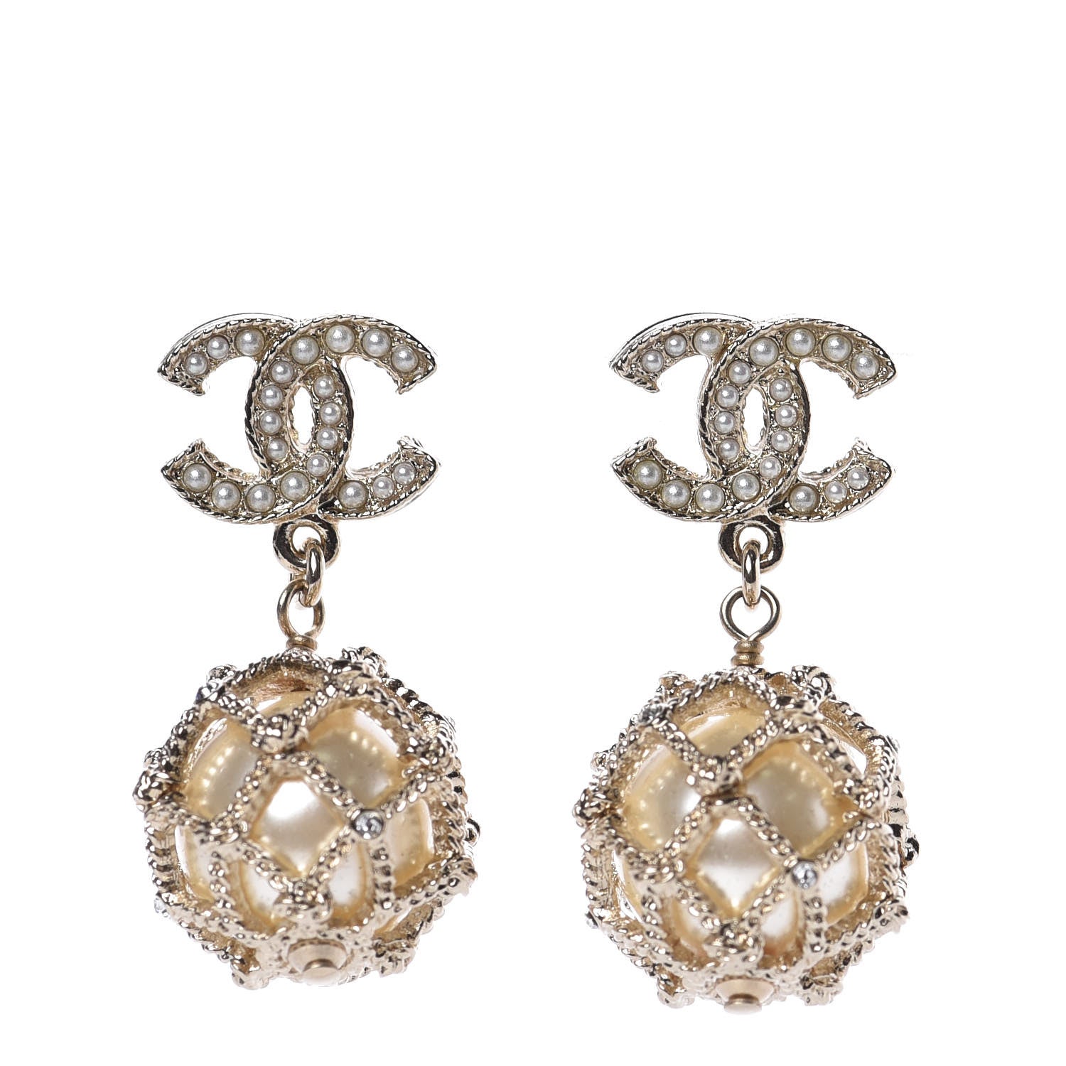 Chanel Pearl Crystal CC Drop Earrings Gold 1 of 5