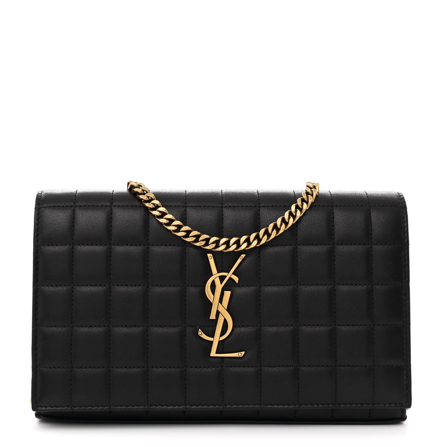Saint Laurent Lambskin Carre Quilted Cassandre Chain Wallet Black