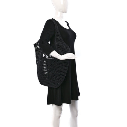Prada Yarn Raffia Effect Crochet Logo Embroidered Shopping Tote Bag Black 2 of 8