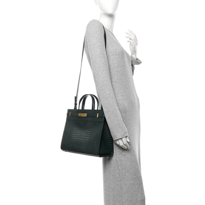 Saint Laurent Shiny Calfskin Crocodile Embossed Small Manhattan Shopper Tote Green 2 of 9