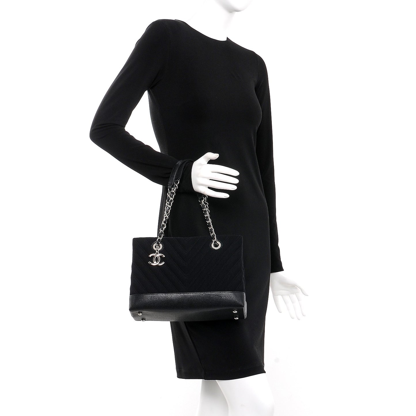 Canvas Caviar Chevron Shopper Tote Black