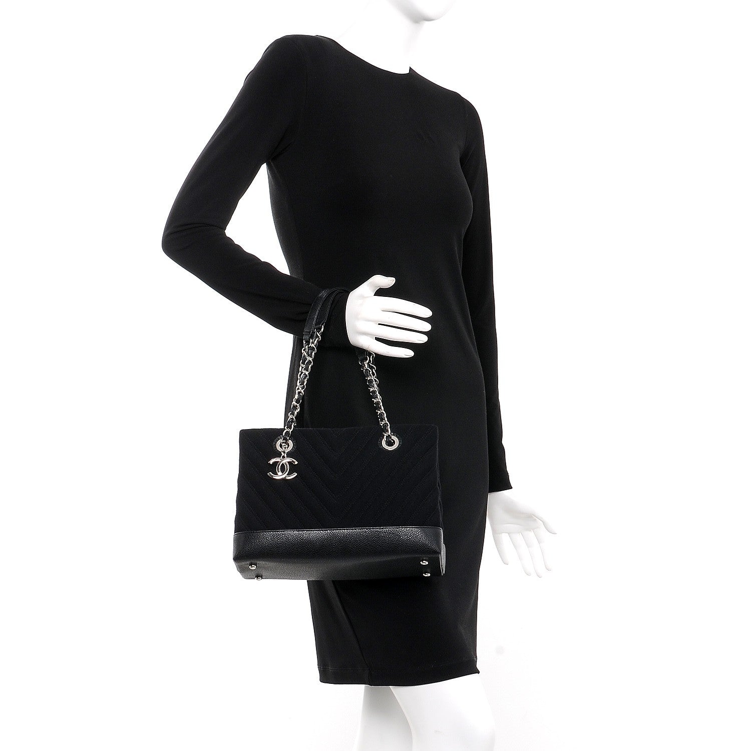 Chanel Canvas Caviar Chevron Shopper Tote Black 2 of 8