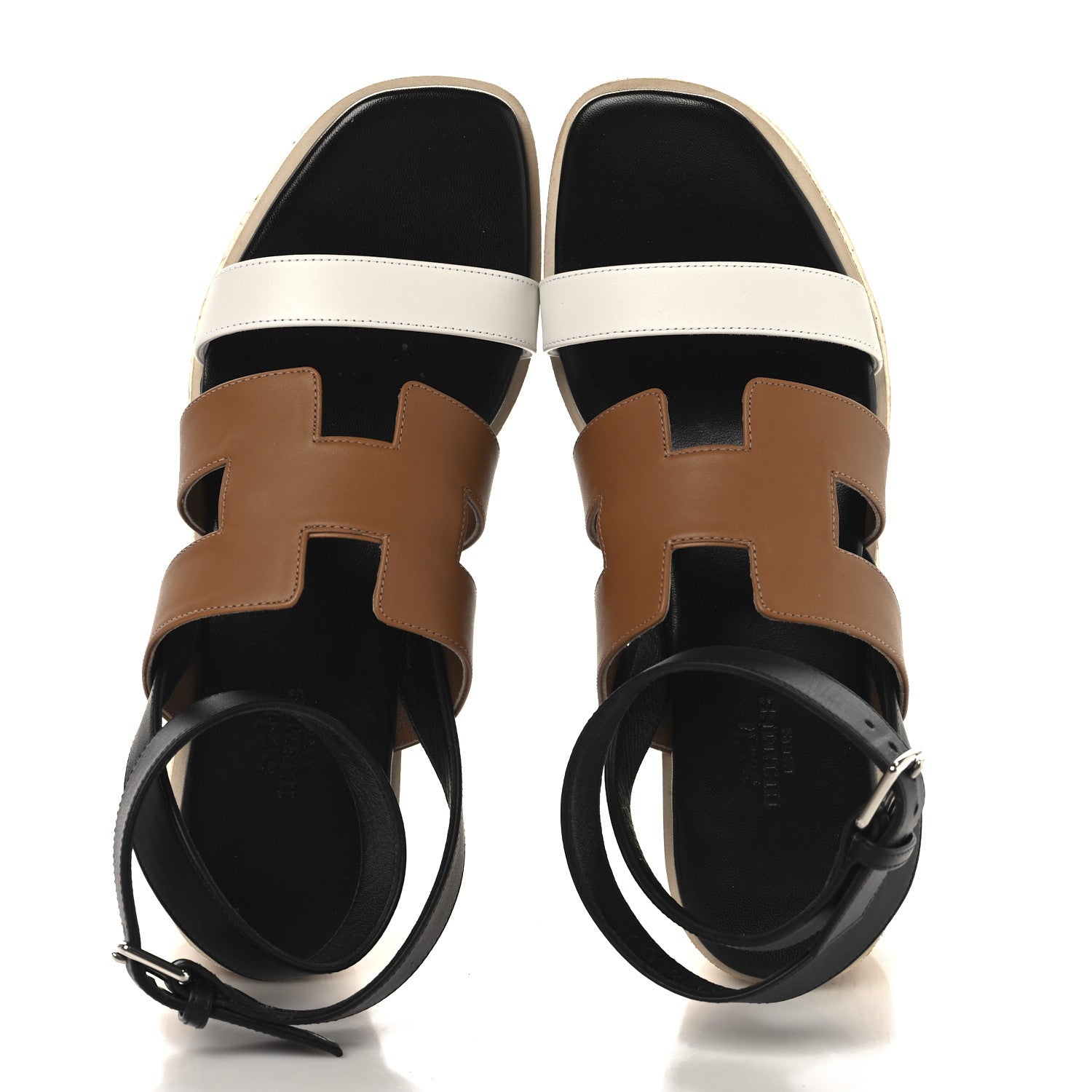 Hermes Calfskin Cork Havane 30 Wedge Sandals 38 Black Gold White 2 of 9