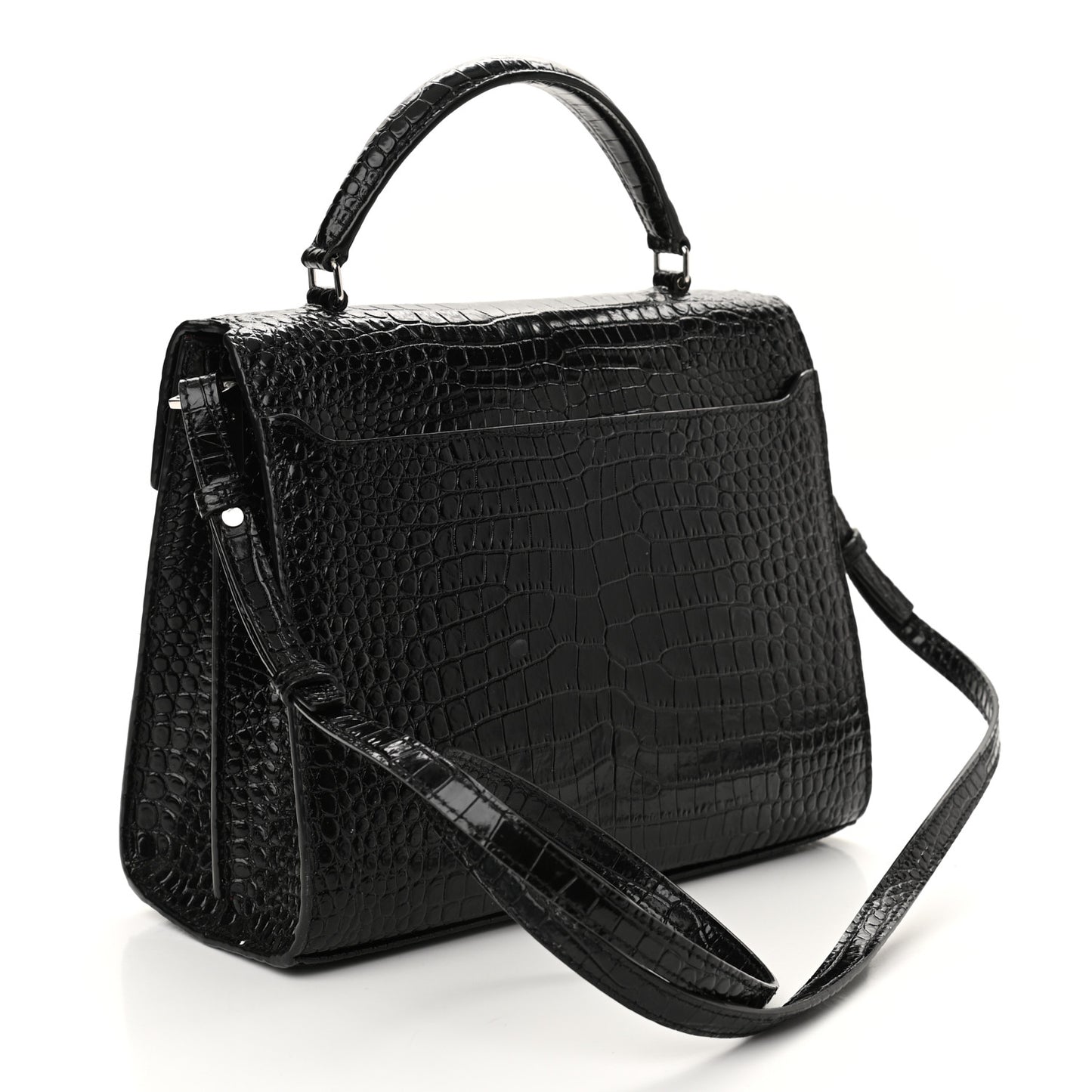 Calfskin Crocodile Embossed Medium Classic Monogram Cassandra Top Handle Black Rouge Legion