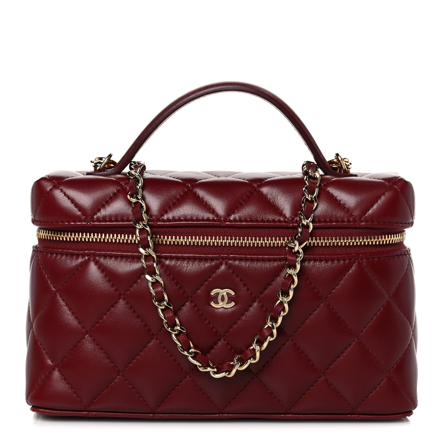 Lambskin Quilted Top Handle Slim Vanity With Chain Burgundy
