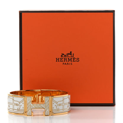 Hermes Enamel Printed Quadrige Au Fil Wide Clic Clac H Bracelet PM Or White 7 of 7