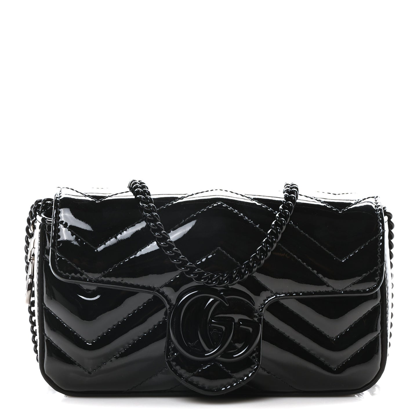 Patent Lambskin Enamel Matelasse Monochrome Super Mini GG Marmont Shoulder Bag Black