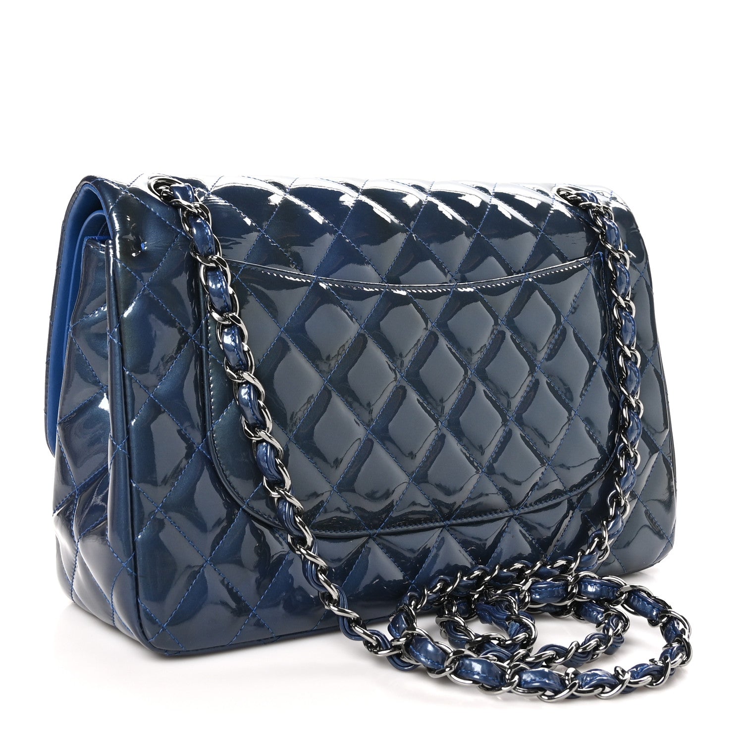 Chanel Patent Calfskin Quilted Jumbo Double Flap Blue 3 of 10