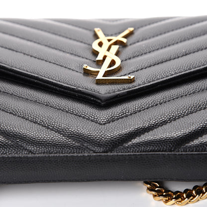 Saint Laurent Grain De Poudre Matelasse Chevron Monogram Chain Wallet Black 16 of 19