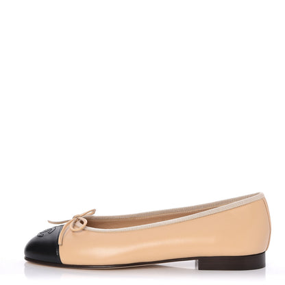 Chanel Lambskin Cap Toe CC Ballerina Flats 36.5 Beige Black 1 of 9