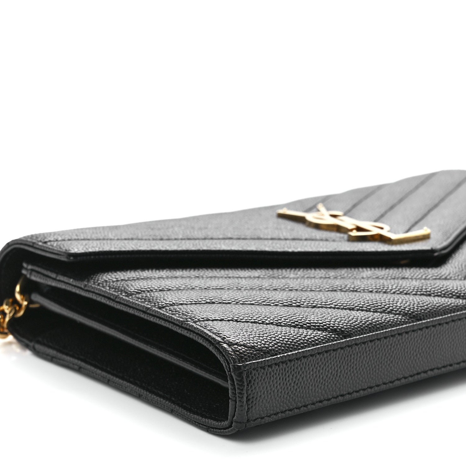 Saint Laurent Grain De Poudre Matelasse Chevron Monogram Chain Wallet Black 9 of 10