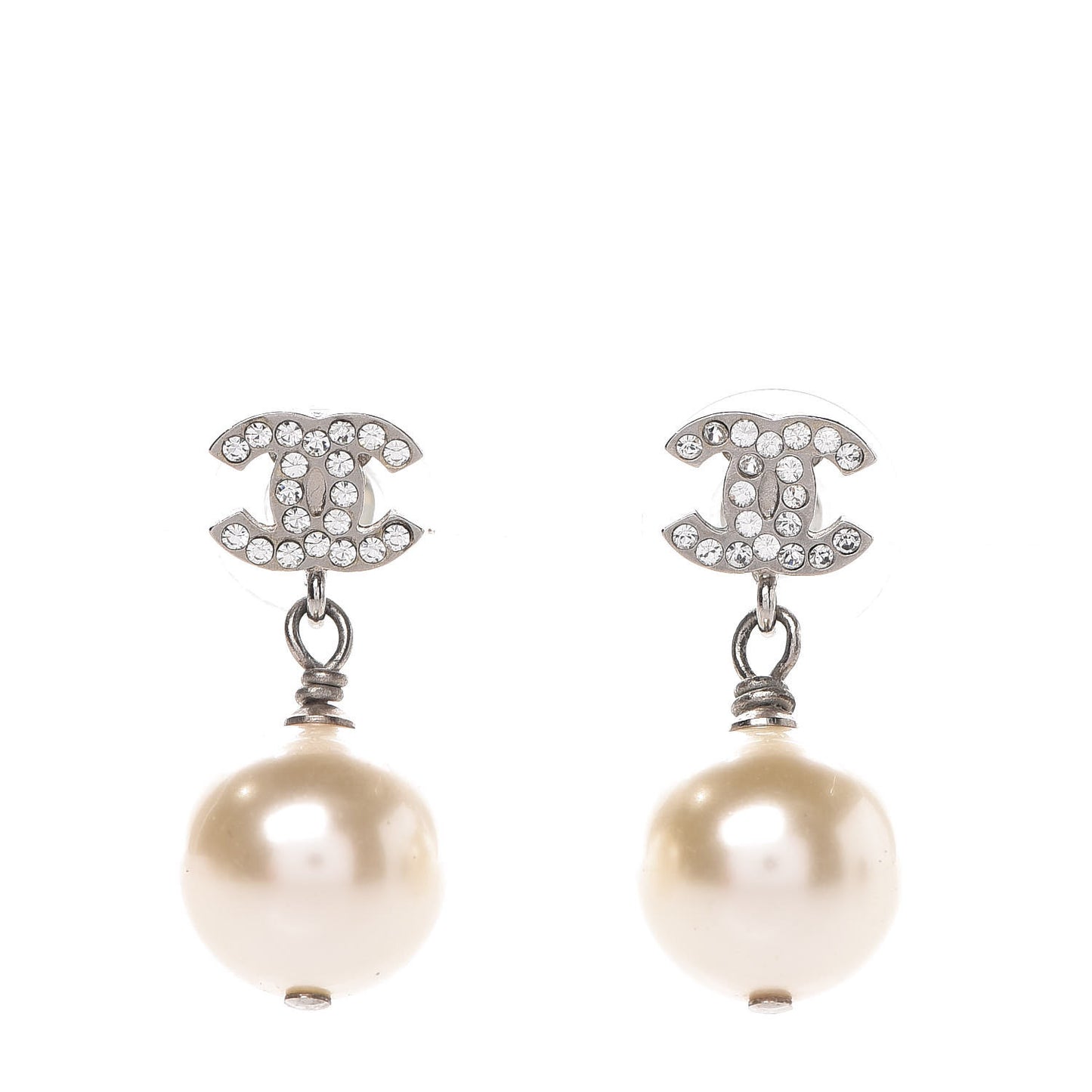 Crystal Pearl CC Drop Earrings Silver
