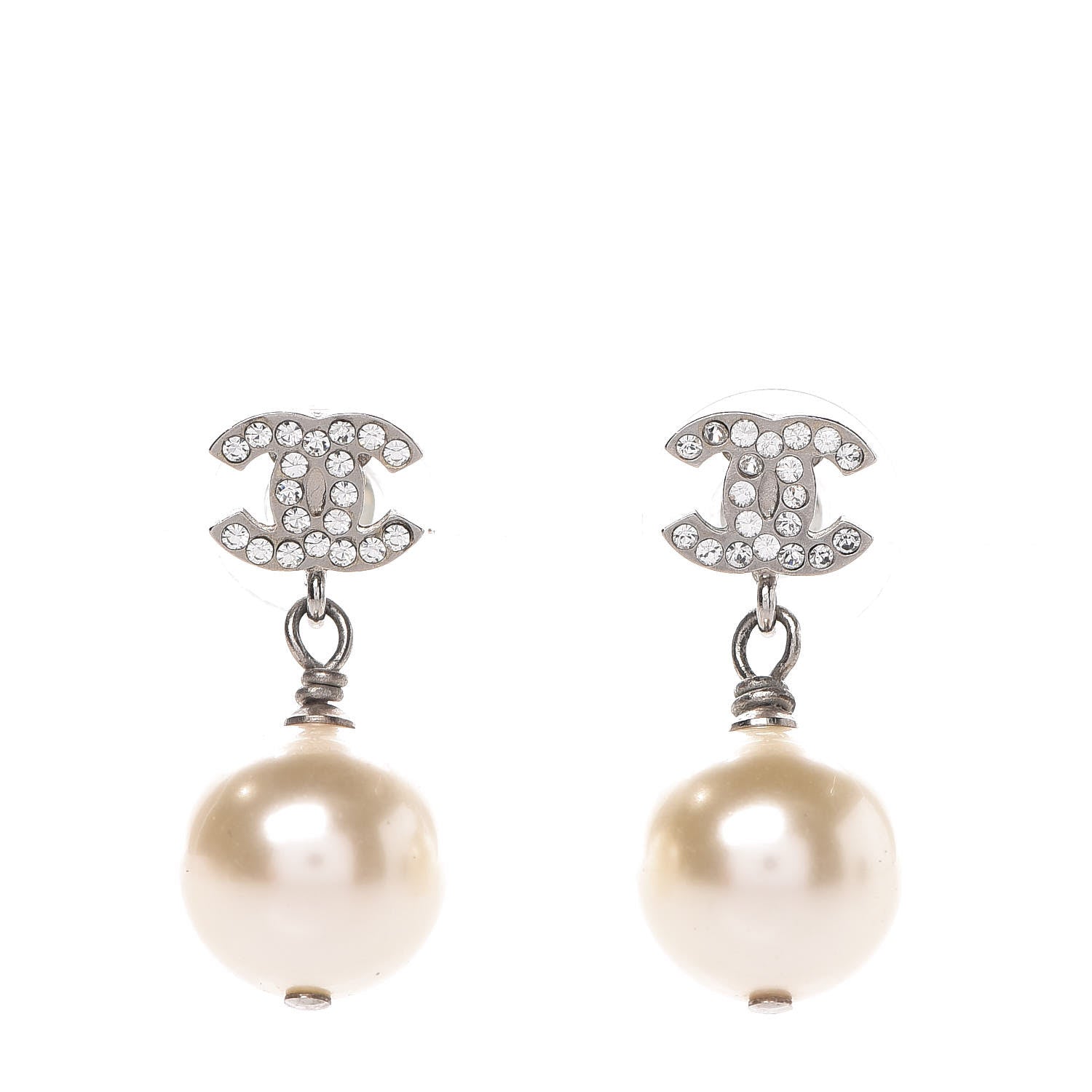 Chanel Crystal Pearl CC Drop Earrings Silver 1 of 5