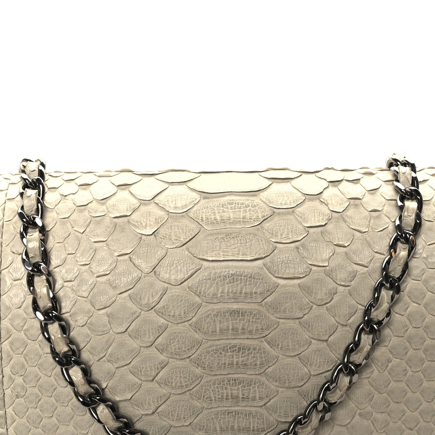 Snakeskin Clutch With Chain Flap Light Grey