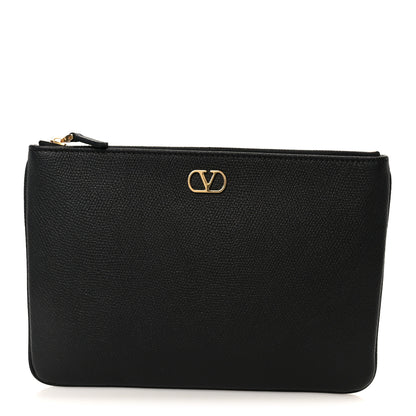 Valentino Garavani Grainy Calfskin Vlogo Medium Flat Pouch Black 1 of 7