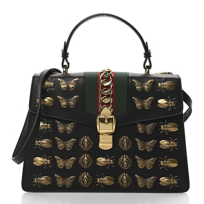 Gucci Calfskin Animal Studs Medium Sylvie Top Handle Bag Black 1 of 10