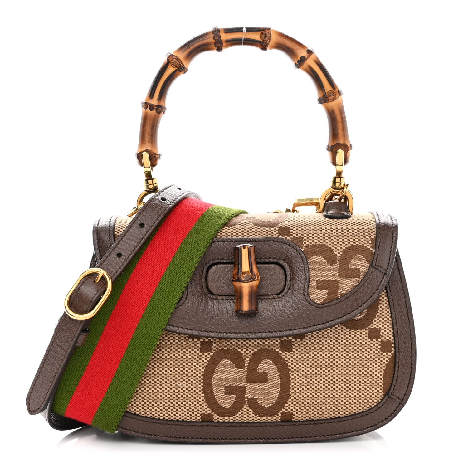 Gucci Monogram Jumbo GG Textured Dollar Calfskin Web Small Bamboo 1947 Top Handle Bag Camel Ebony New Acero 3 of 12