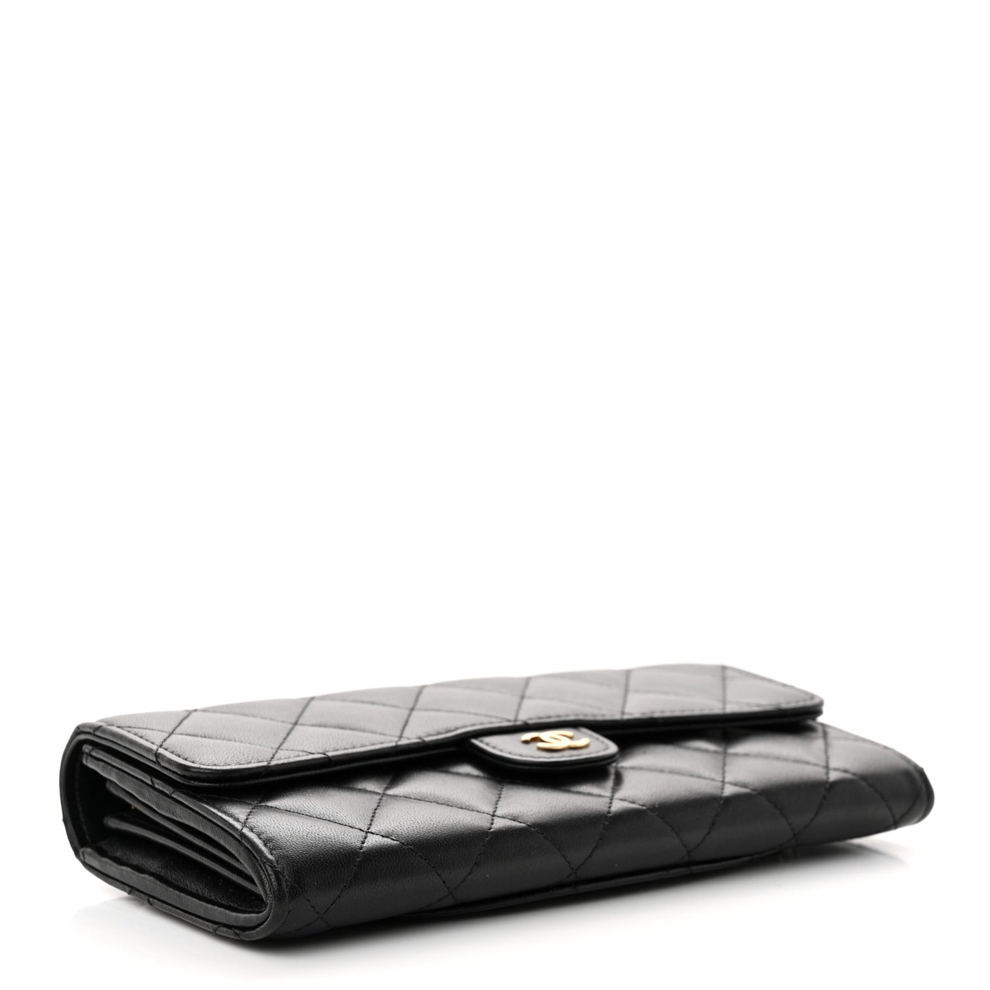 Lambskin Quilted Large Gusset Flap Wallet Black