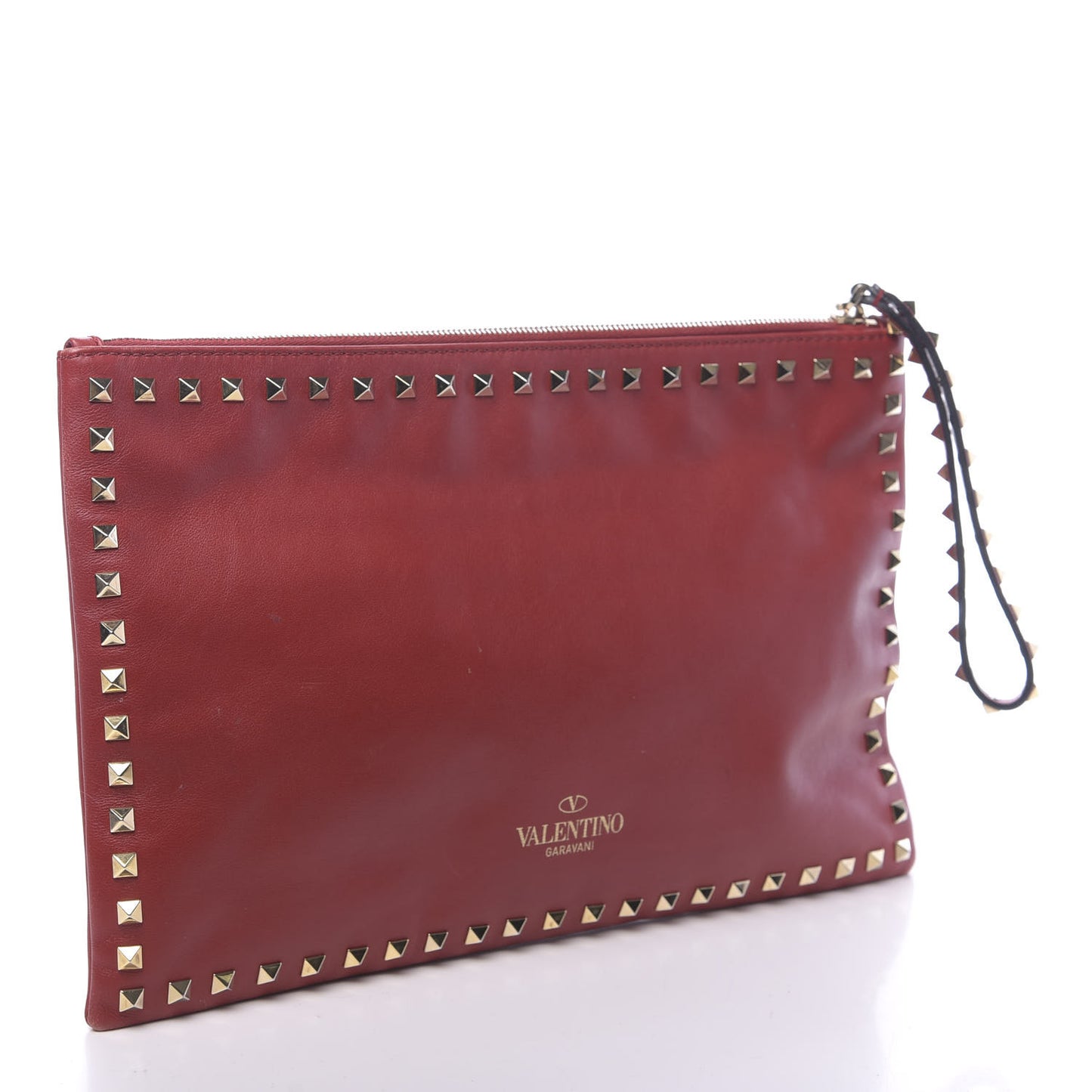Vitello Large Rockstud Zip Wristlet Pouch Rosso Valentino