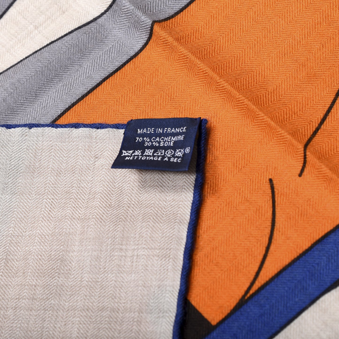 Cashmere Silk Tete a Tete Equestre Scarf 100 Naturel Orange Bleu Saphir