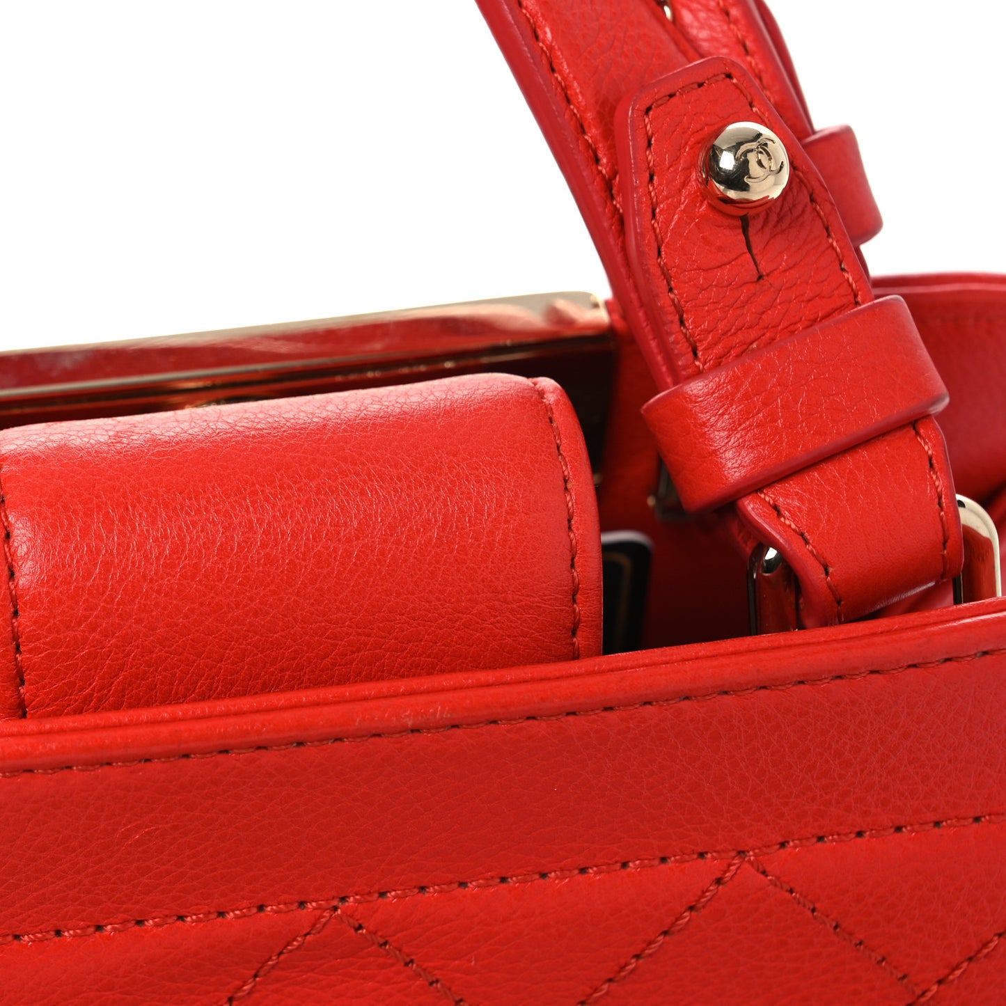 Grained Calfskin Stitched Mini Label Click Shopper Tote Red