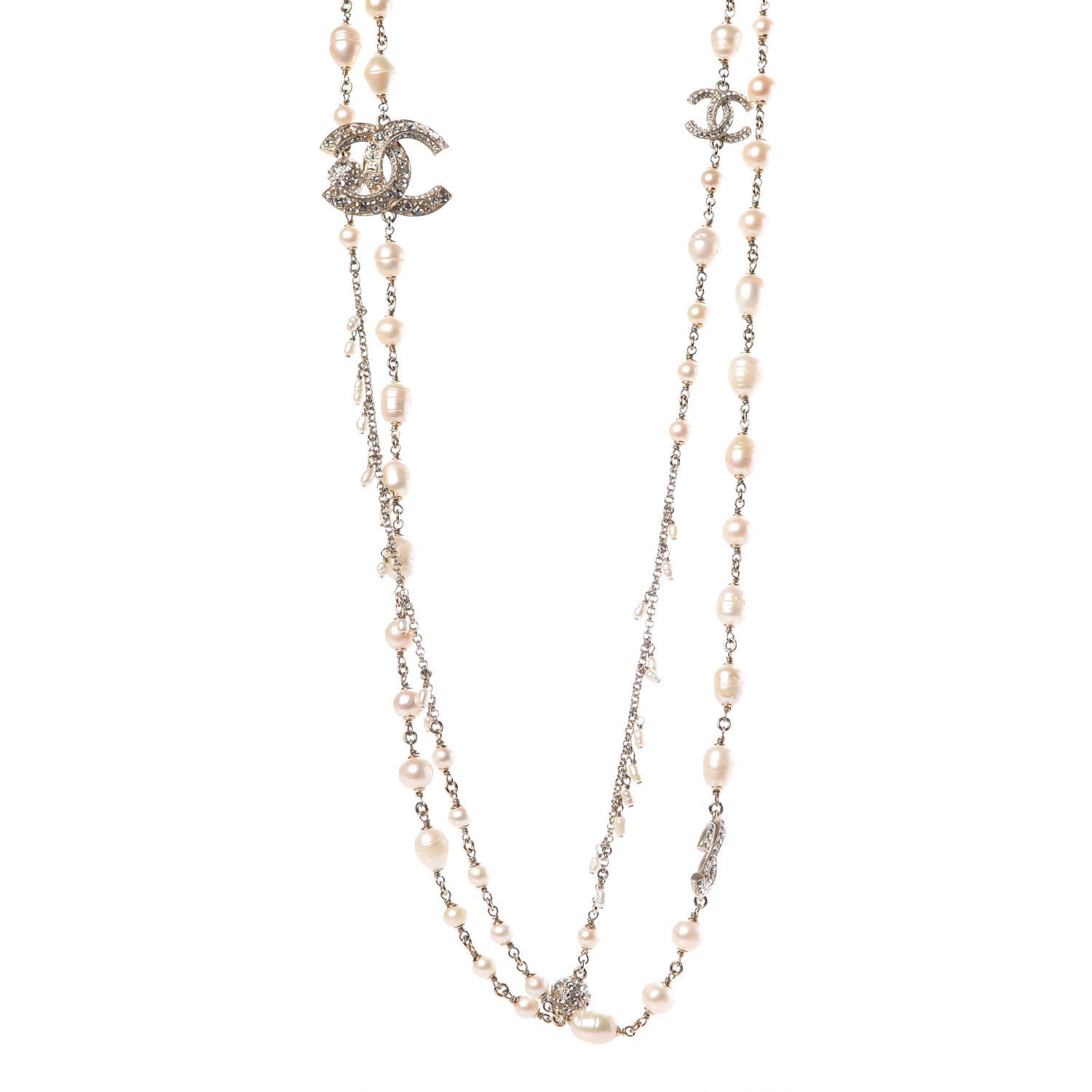 Chanel Crystal Pearl CC Long Necklace Gold 1 of 6