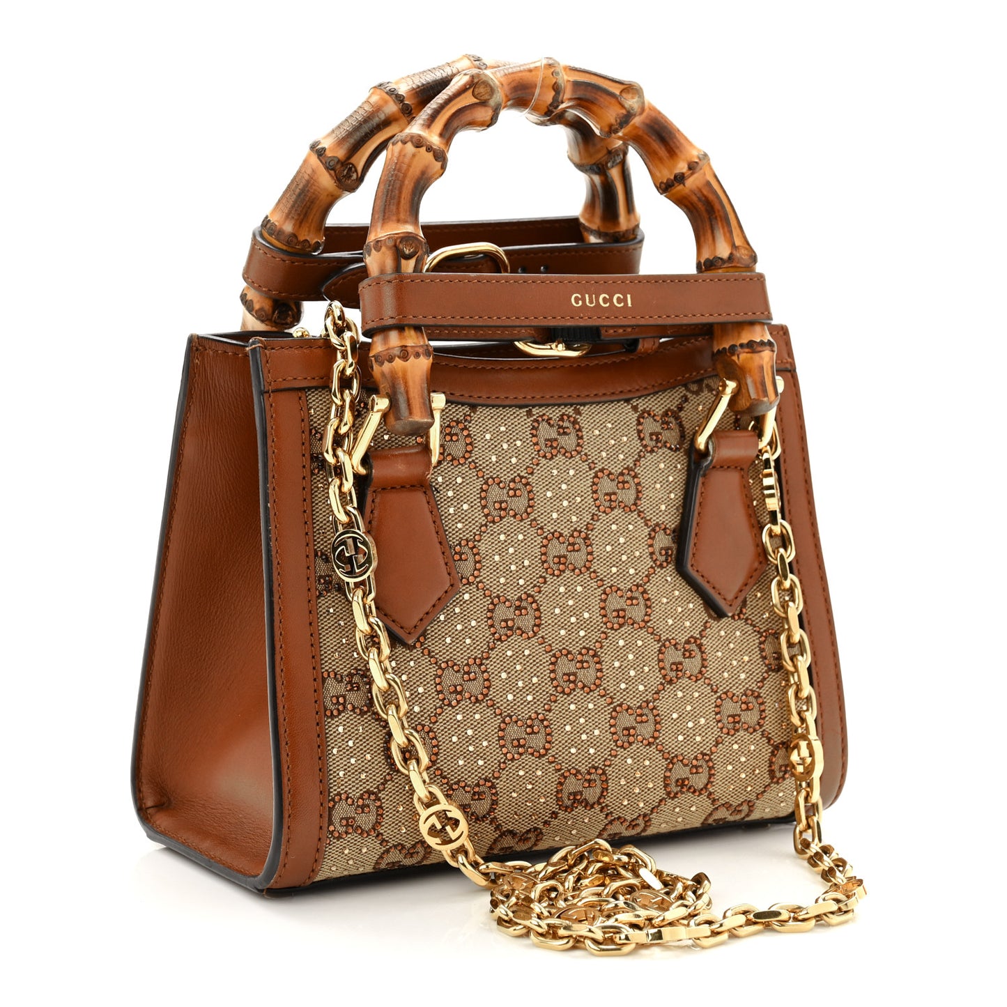 New Canvas Charisma Calfskin Crystal GG Monogram Mini Diana Tote Bag Camel Ebony