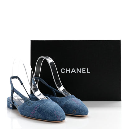 Chanel Denim Cap Toe CC Slingback Flats 39 Light Blue Multicolor 10 of 10