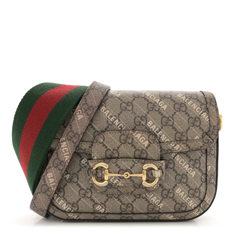 X BALENCIAGA GG Supreme Monogram Web Logo Print Mini Horsebit 1955 Shoulder Bag Beige Ebony