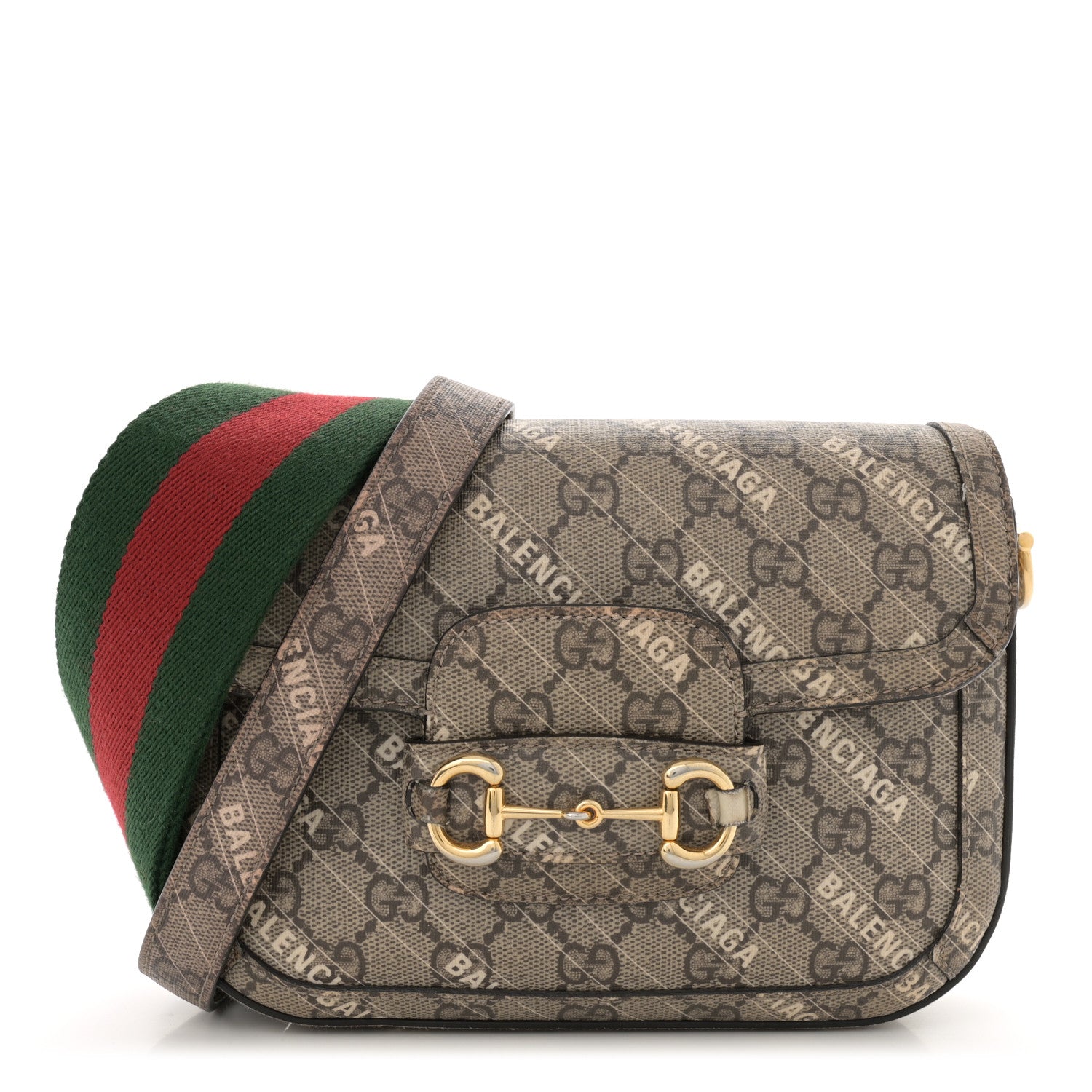 Gucci X BALENCIAGA GG Supreme Monogram Web Logo Print Mini Horsebit 1955 Shoulder Bag Beige Ebony 1 of 14