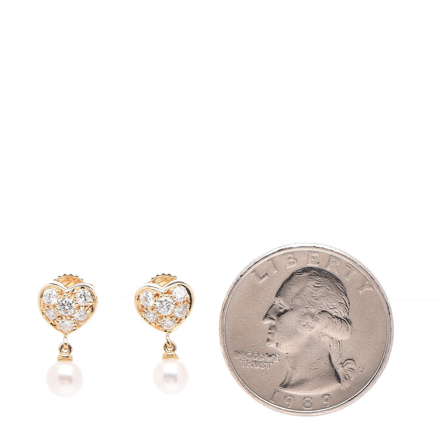 18K Yellow Gold Diamond Pearl 5mm Heart Pearl Drop Earrings