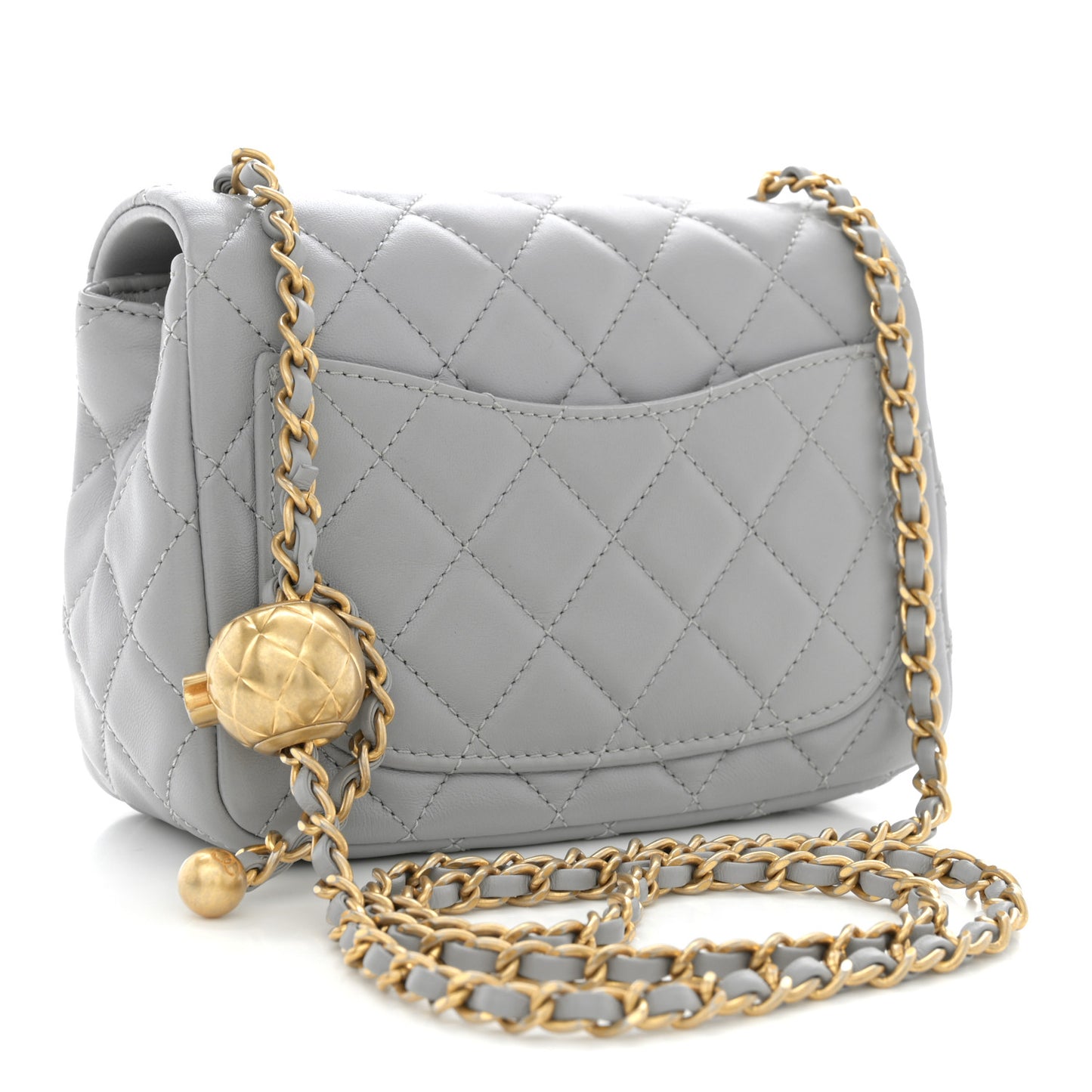 Lambskin Quilted Mini Pearl Crush Flap Light Grey
