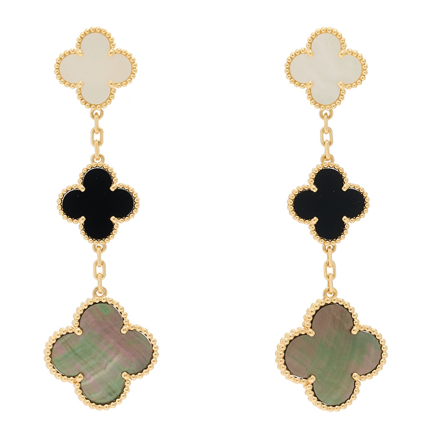 18K Yellow Gold Mother of Pearl Black Onyx 3 Motifs Magic Alhambra Earrings