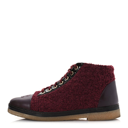 Chanel Tweed Calfskin Patent CC Lace Up Short Boots 39 Burgundy 1 of 16