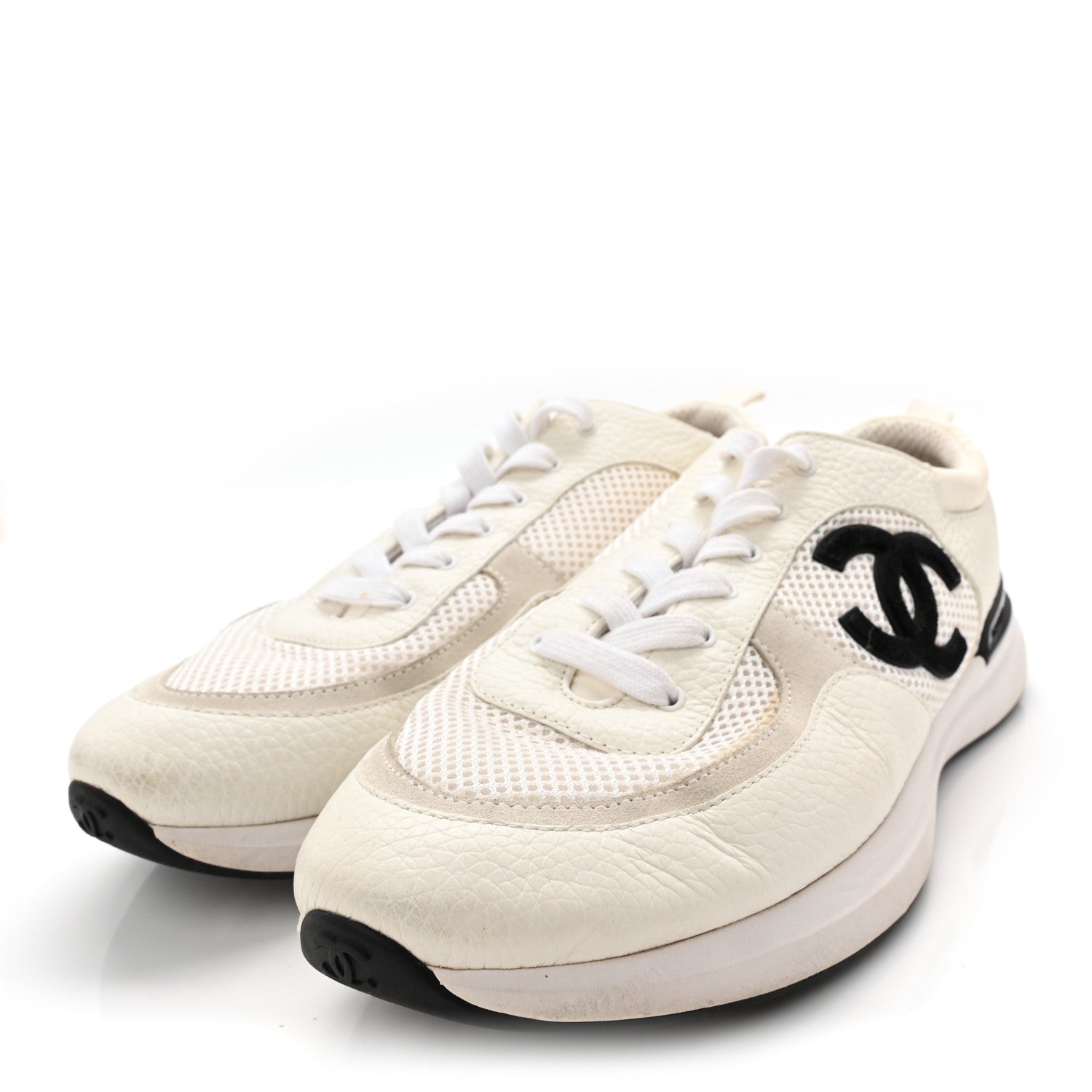 Chanel Calfskin Mesh Suede Mens CC Sneakers 45 White Black 3 of 11