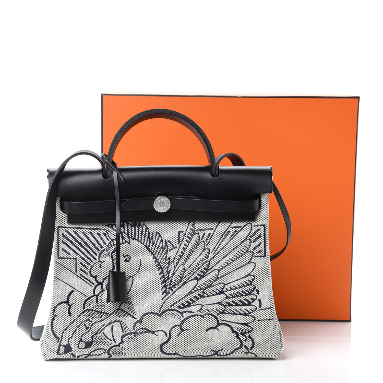 Hermes Vache Hunter Toile H Pegase Pop Herbag Zip Retourne 31 PM Bleu Indigo Ecru Black 11 of 11