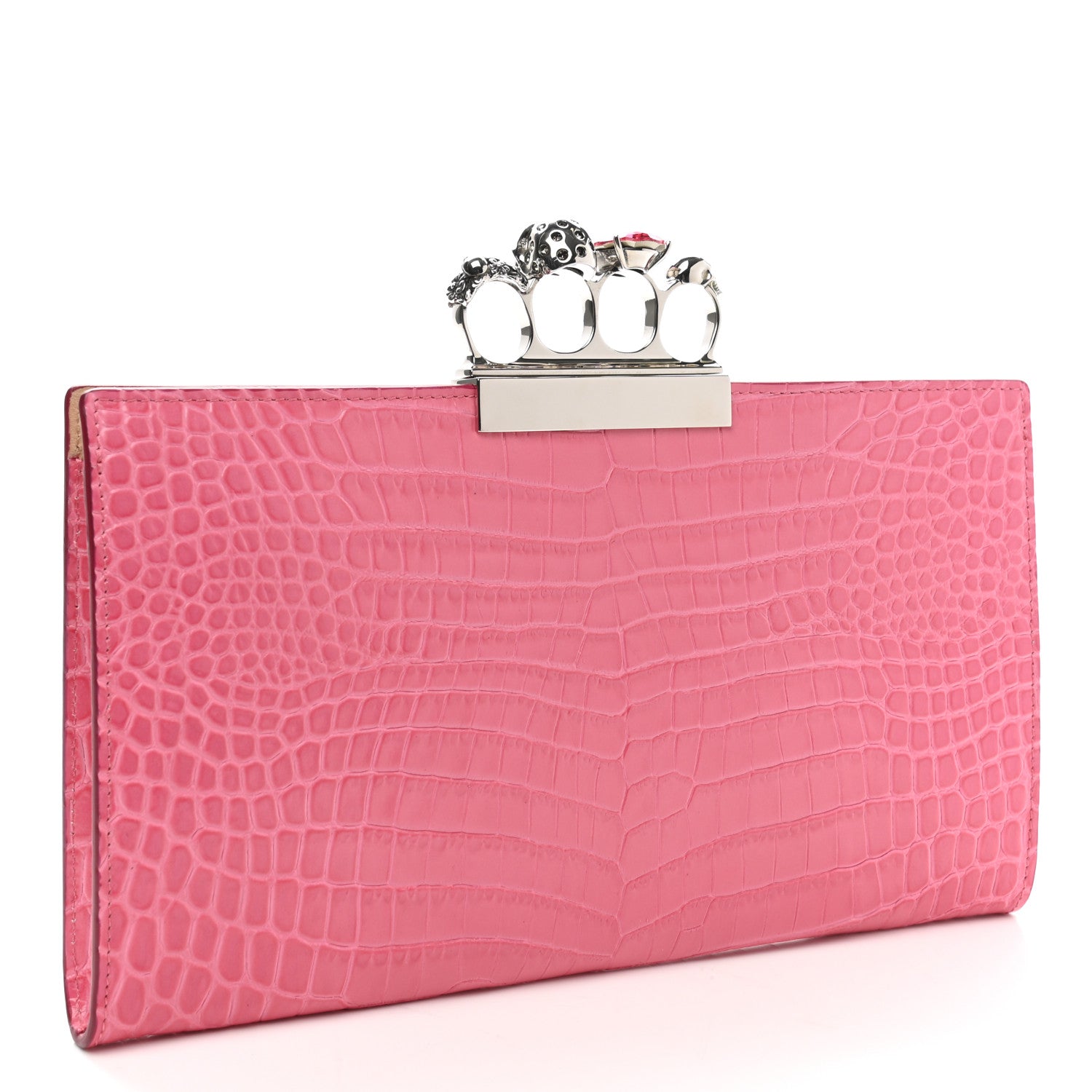 Alexander McQueen Calfskin Crocodile Embossed Knuckle Flat Clutch Pink 3 of 7