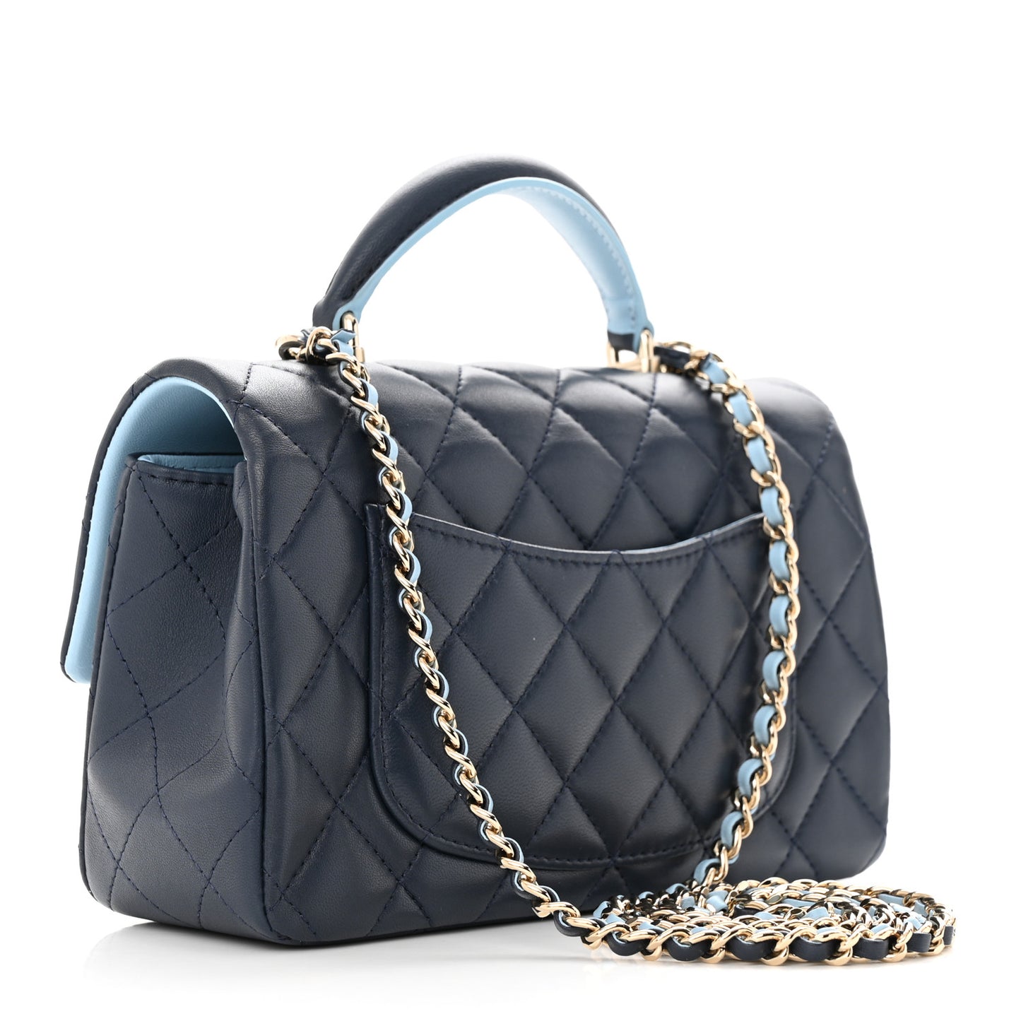 Lambskin Quilted Bi-Color Mini Top Handle Rectangular Flap Navy Blue Light Blue