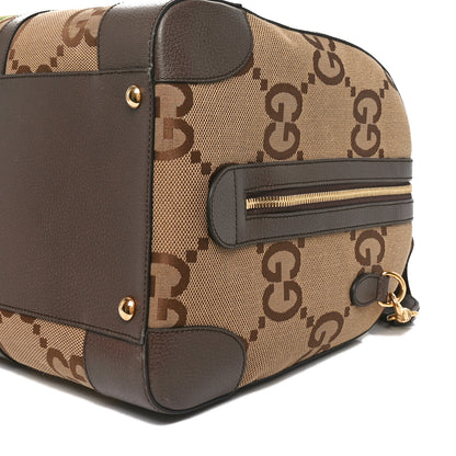 Gucci Monogram Jumbo GG Textured Dollar Calfskin Web Large Duffle Bag Camel Ebony 9 of 9