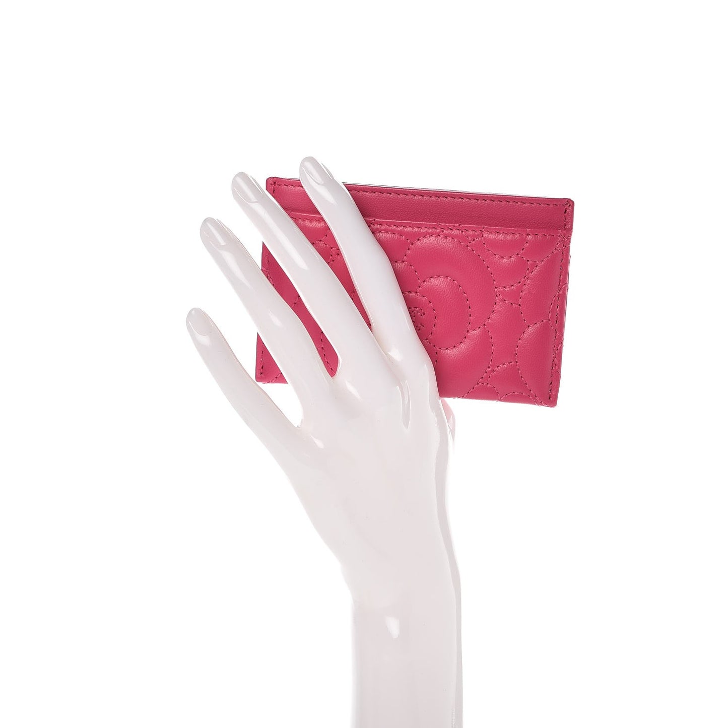 Lambskin Camellia Embossed Card Holder Fuchsia
