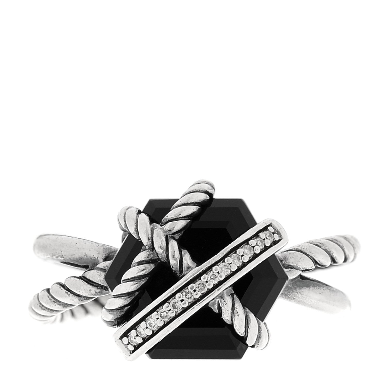 David Yurman Sterling Silver Diamond Black Onyx 10mm Cable Wrap Ring 52 6 1 of 5