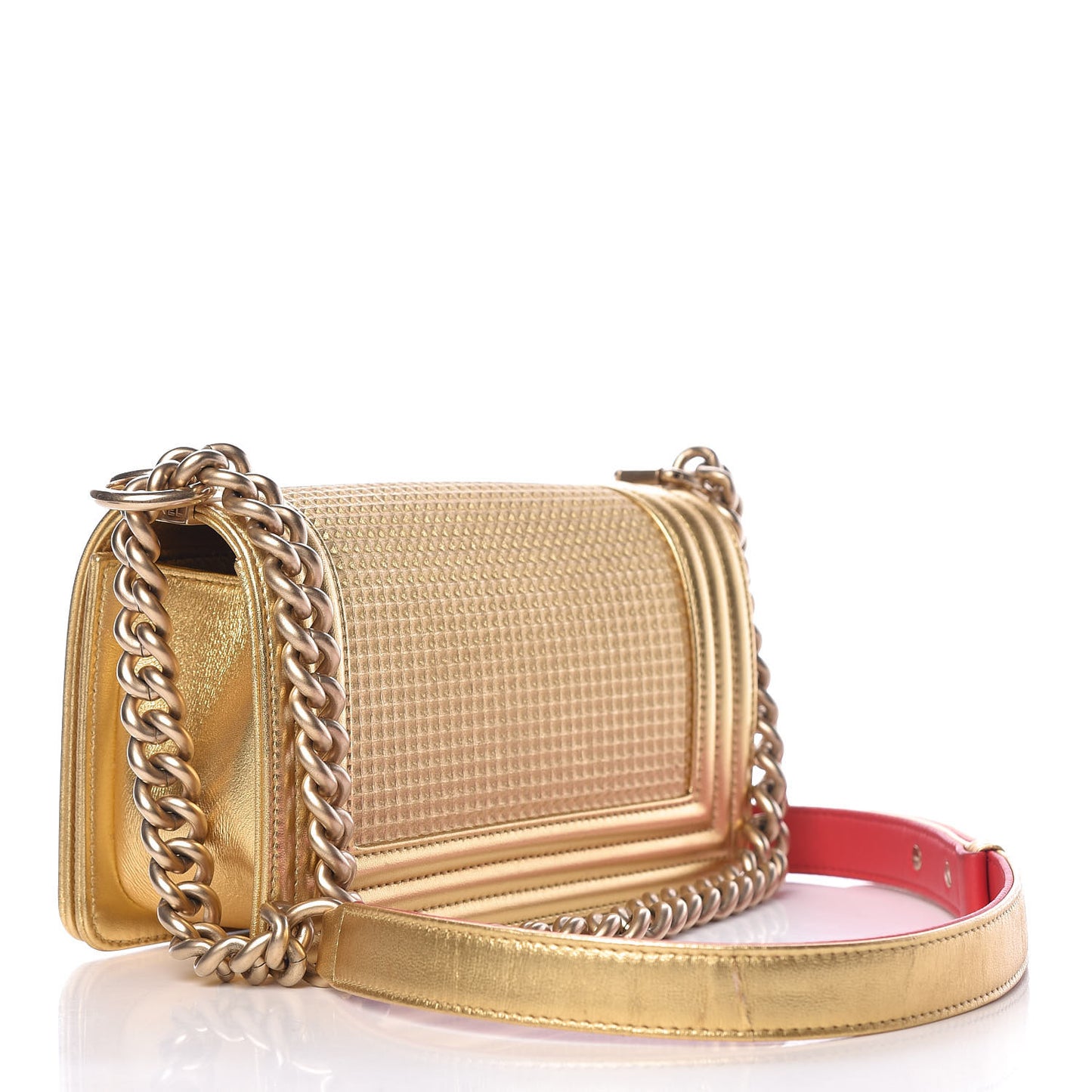 Metallic Lambskin Embossed Small Cube Boy Flap Gold