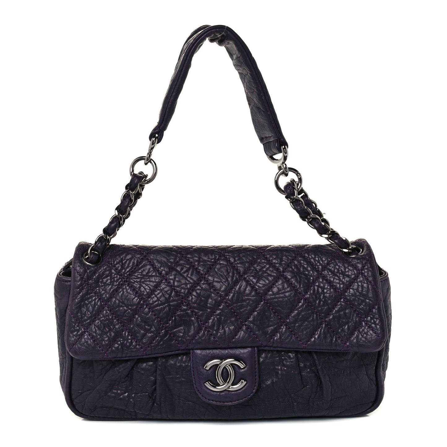 Distressed Lambskin Lady Braid Flap Dark Purple